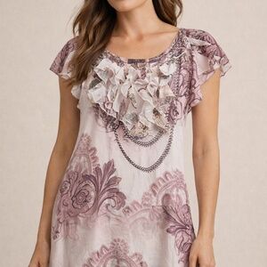 B.L.E.U. Boho Ruffle Blouse | Mauve Floral Flowy Tunic Top | Size XL